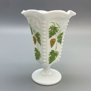 Westmorland Vintage Milk Glass Beaded Crimp Edge Grapevine Vase 1950s
